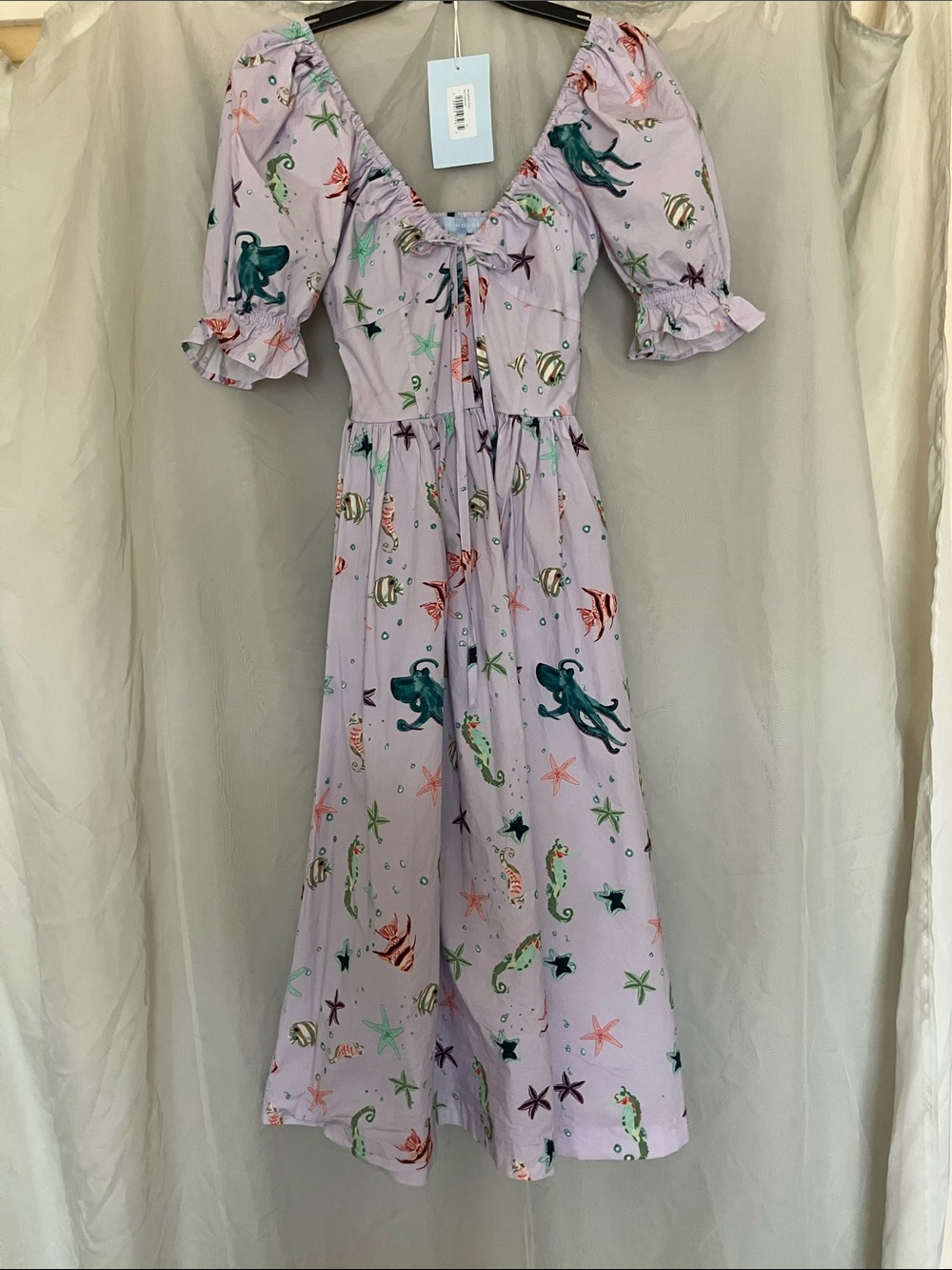 Hill House Lilac Sea Creature Midi Dress with Green & Pink Print